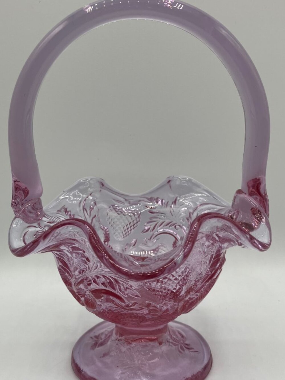 Fenton Art Glass Basket Strawberry Pattern Dusty Rose 7"H Excellent Condition